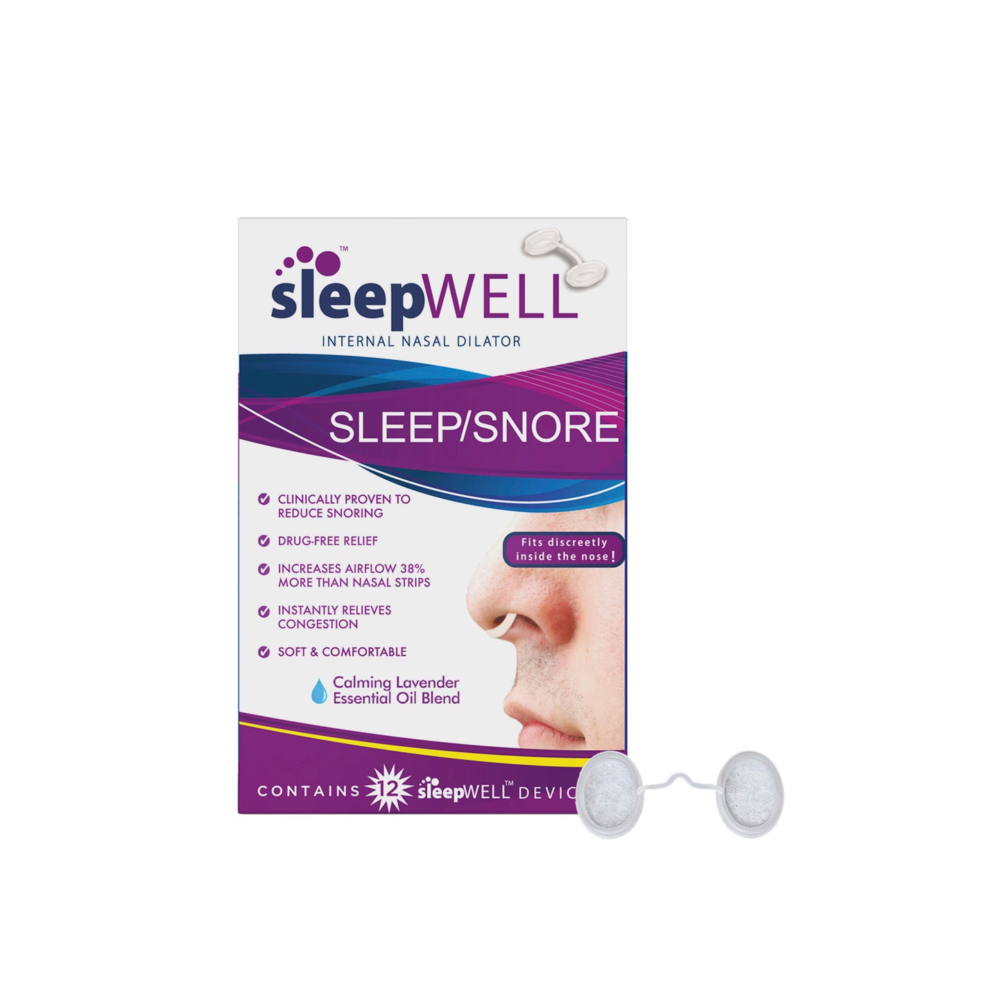 sleepWELL Sleep/Snore Internal Nasal Dilator for Snoring Relief, 12 Count